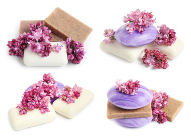 Sabun çubukları ve beyaza izole edilmiş aromatik leylak çiçekleri, kolaj