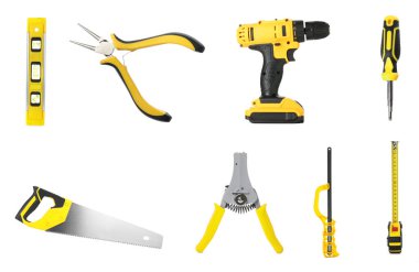 Beyaz arkaplanda farklı inşaat araçları, kolaj