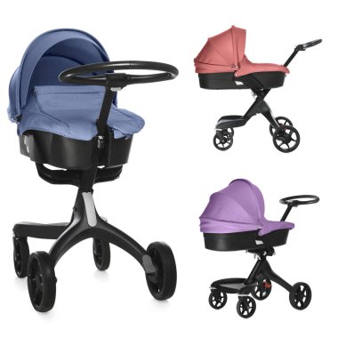 Bebek arabası. Farklı renklerde modern bebek arabaları beyaz, farklı taraflarda izole edilmiş.