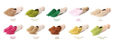 Süper yiyecekler. Beyaz arkaplanda farklı pudralar ve isimler, ayarla