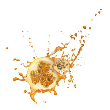 Lezzetli tutku meyvesi, beyaz arka planda meyve suyu.