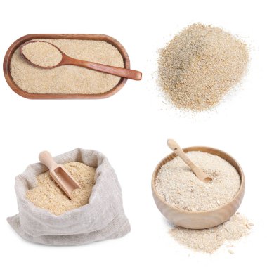 Beyaz arkaplanda yulaf ezmesi ve toz, hazır.