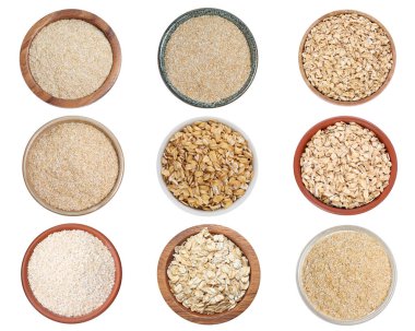 Yulaf ezmesi, toz ve rulo gevrekler beyaza izole edilmiş, tamam. Üst görünüm