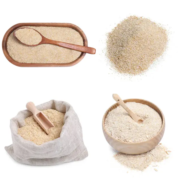 Beyaz arkaplanda yulaf ezmesi ve toz, hazır.