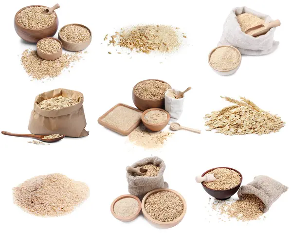 Yulaf kepeği, tam tahıllar ve yuvarlanmış taneler beyaza izole edilmiş, set.