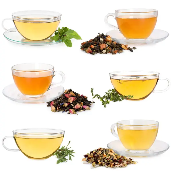 Cam bardaklarda bitki çayı, beyaz kolaj.