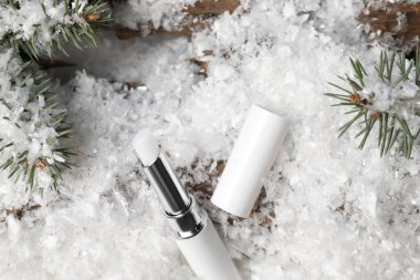 Nemlendirici dudak kremi ve yapay karın üzerindeki köknar ağacı dalları. Kış bakımı