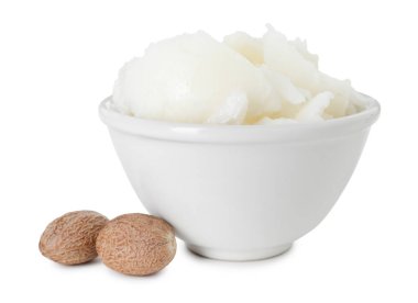 Beyaz tenceredeki doğal Shea yağı.