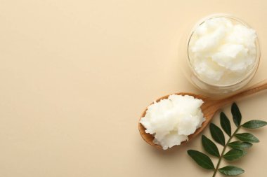 Bej arka planda Shea tereyağı ve yapraklar, düz yatıyordu. Metin için boşluk