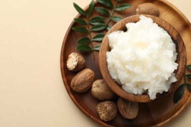 Bej arka planda doğal Shea tereyağı, üst manzara. Metin için boşluk