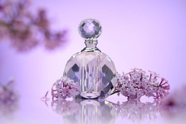 Bir şişe parfüm ve ayna yüzeyinde eflatun rengine karşı leylak çiçekleri, seçici odak