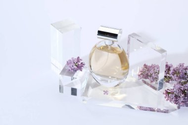 Açık gri arka planda parfüm şişesi ve leylak çiçeklerinin şık sunumu. Metin için boşluk