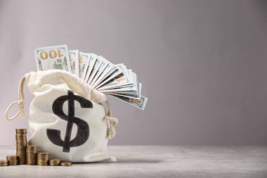 Dolar banknotları ve gri masanın üzerine yığılmış bozuk paralarla dolu bir çanta. Işık arkaplanı, metin için boşluk.