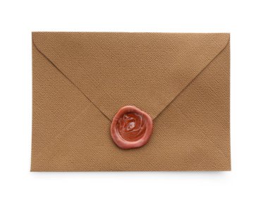 Üzerinde balmumu mühür olan güzel bir davetiye zarfı beyaz, üst görünüm