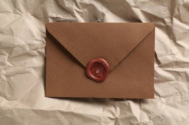 Parşömen kağıdında balmumu mühürü olan güzel bir davetiye zarfı, üst görünüm