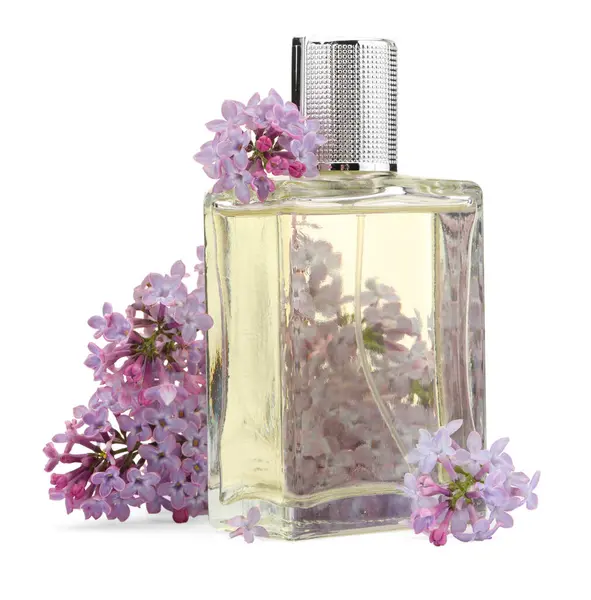 Parfüm ve güzel leylak çiçekleri beyaza izole edilmiş.