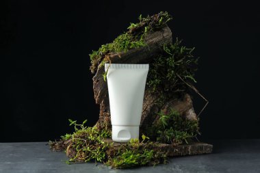 Nemlendirici vücut kremi, ağaç kabuğu ve bitkiler gri masada, yakın plan.