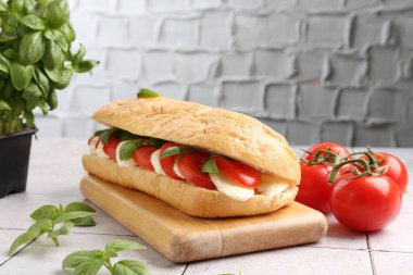 Mozarella peynirli, domatesli ve fesleğenli lezzetli sandviç gri desenli duvara karşı, yakın plan.