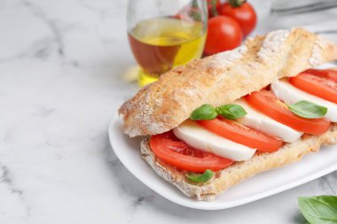 Mozarella peynirli, domatesli, fesleğenli, beyaz mermer masaya yakın çekim. Metin için boşluk