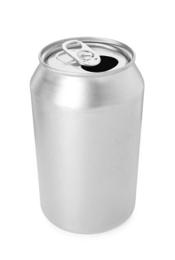 Bir gümüş teneke kutu beyaza izole edilmiş