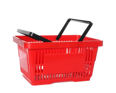 Beyaza izole edilmiş kırmızı bir alışveriş sepeti.
