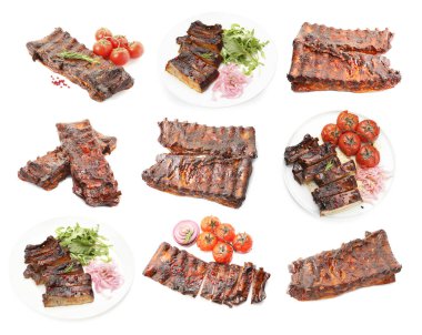 Beyaz arka planda nefis ızgara kaburgalar, kolaj.