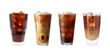 Farklı bardaklarda buzlu kahve içecekler, beyaz, set.