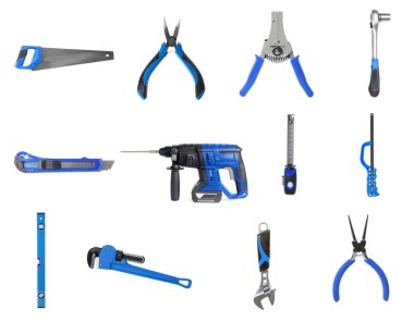 Beyaz arkaplanda farklı inşaat araçları, kolaj