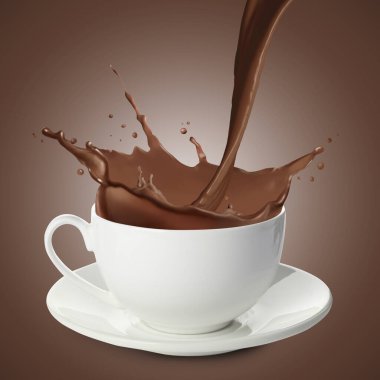 Kahverengi arka planda lezzetli çikolatalı sütü fincana döküyorum. Su sıçratıyorum.