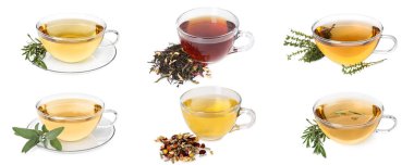 Cam bardaklarda bitki çayı, beyaz kolaj.