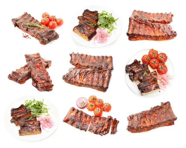 Beyaz arka planda nefis ızgara kaburgalar, kolaj.