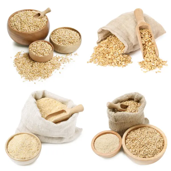 Tam yulaf taneleri, kepek ve rulo gevrekler beyaza izole edilmiş.