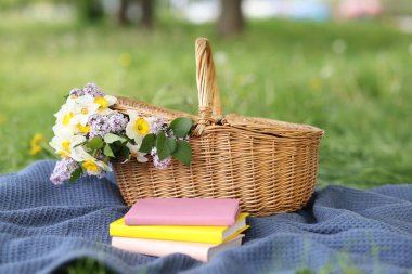 Yığınla kitap, battaniye ve hasır sepet. Yeşil çimlerin üzerinde çiçekler, yakın plan.