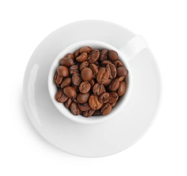 Kavrulmuş kahve çekirdekli seramik fincan, beyaz, üst manzara.