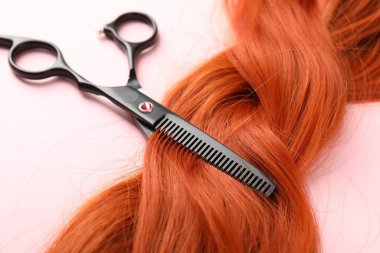 Açık pembe arka planda saç teli ve makas, yakın plan.