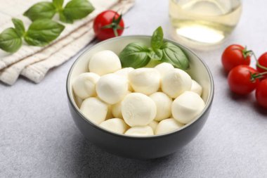 Lezzetli mozzarella peynir topları, domates ve fesleğen açık gri masada, yakın plan.