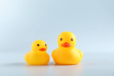 Beyaz arka planda iki sevimli lastik ördek.