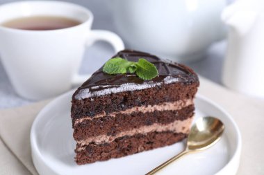 Naneli ve kaşıklı lezzetli çikolatalı pasta, yakın plan.