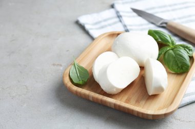 Lezzetli mozzarella peyniri ve fesleğen yaprakları. Gri desenli masa, yakın plan. Metin için boşluk