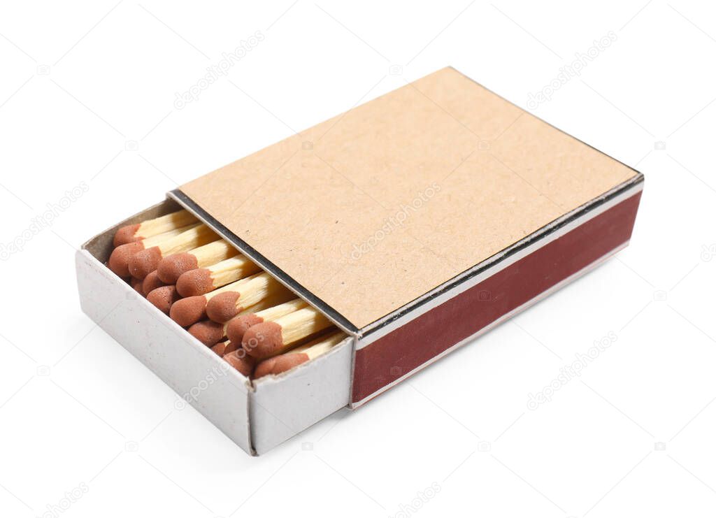 Matches in box isolated on white. Mockup for design