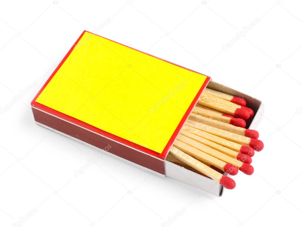 Matches in box isolated on white. Mockup for design
