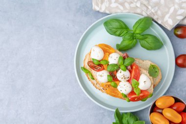 Mozarella peynirli, domatesli ve fesleğenli lezzetli sandviç. Metin için boşluk