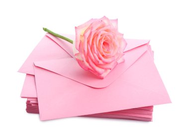 Bir yığın aşk mektubu ve çiçek beyaz üzerine izole edilmiş.