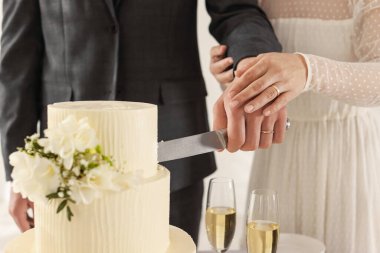 Yeni evliler düğün pastasını içeride kesiyorlar, yakın plan.