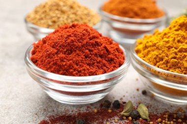 Açık gri masada farklı aromatik baharatlar, yakın plan.