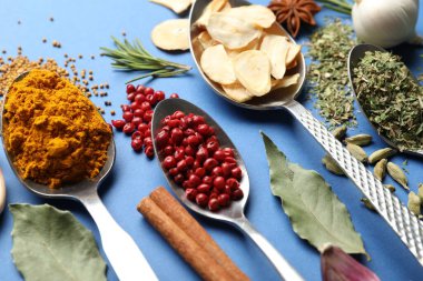 Mavi arka planda farklı aromatik baharatlar, yakın plan