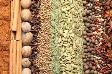 Arka plan olarak birçok farklı baharat, üst görünüm