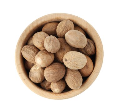 Kabın içindeki fındıklar beyazda izole, üst manzara