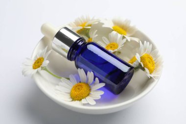 Beyaz arka planda bir şişe gerekli yağ ve papatya çiçeği, yakın plan.