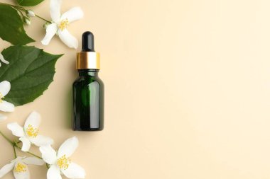 Temel yağ, güzel yasemin çiçekleri ve bej arka planda yeşil yapraklar. Metin için boşluk